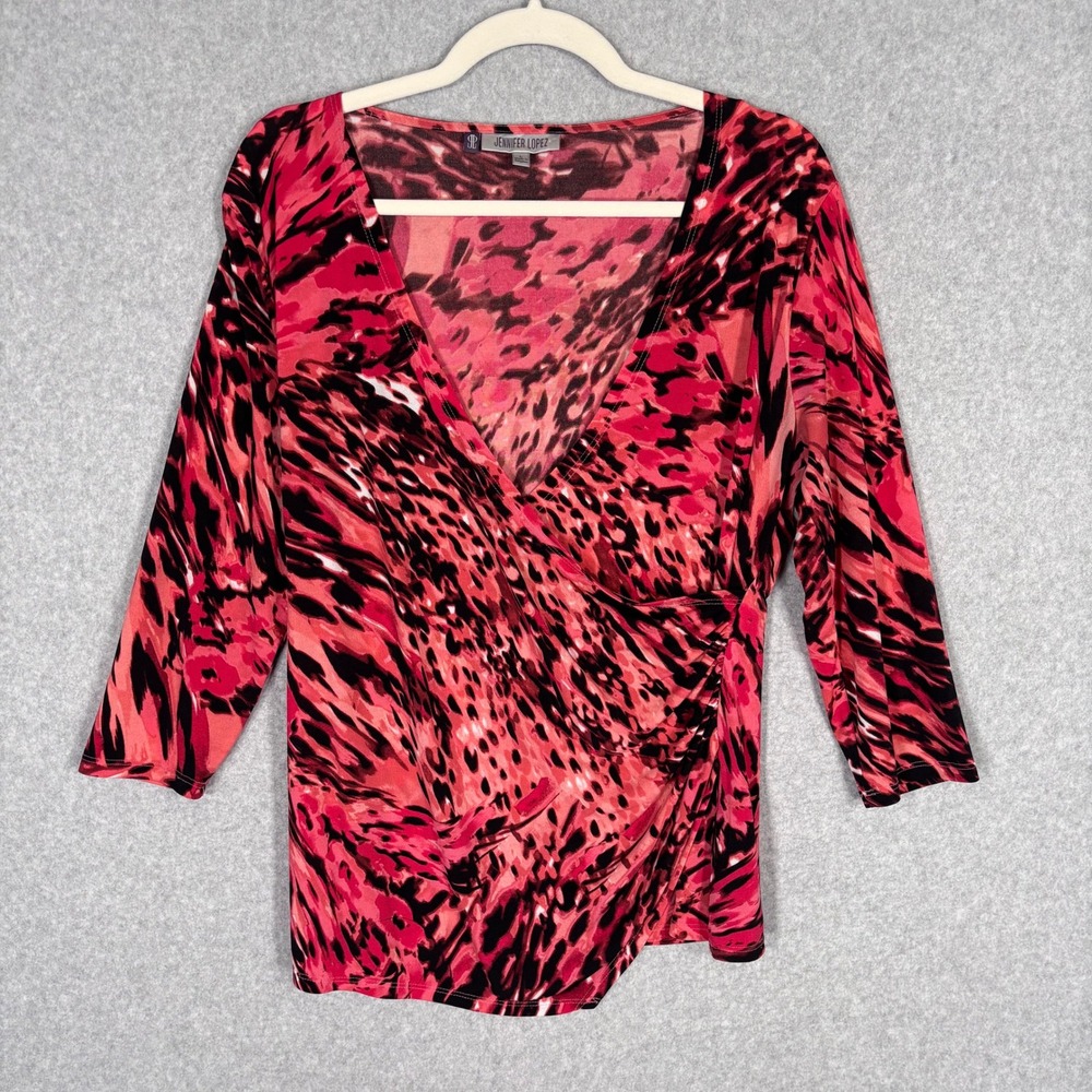 Y2K Jennifer Lopez Wrap Ruched Top Large Pink Animal Print Phoebe Glam Slinky